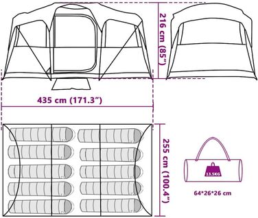 Сімейний намет vidaXL з дахом та вентиляцією, поліестер та сталь, просторий, зелений, 10 осіб