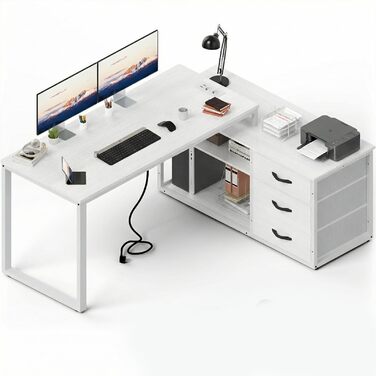 Кутовий стіл JUMMICO з шухлядами, L-подібний реверсивний, 140 x 105 x 75 см, з 2 USB-портами та 2 розетками, білий