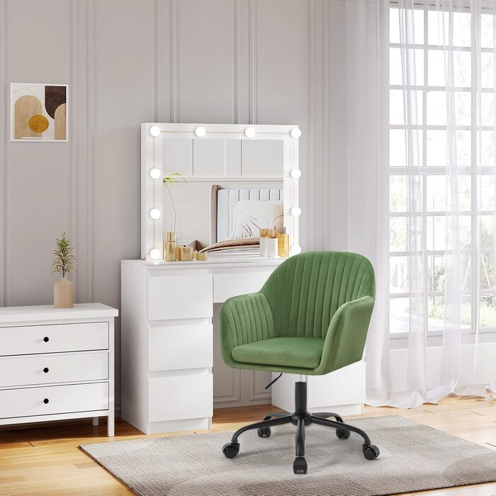 Офісне крісло WOLTU, ергономічне офісне крісло, крісло для домашнього офісу з регульованою висотою, туалетне крісло з підлокітниками, обертове крісло з колесами, оксамитове крісло з металевим каркасом, вантажопідйомність 150 кг, зелене