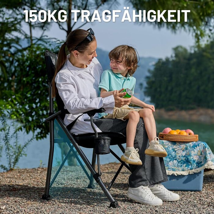 Складане кемпінгове крісло TIMBER RIDGE, вантажопідйомність 150 кг, регульована поперекова опора, складне крісло з підсклянником, сумка для перенесення, крісло для риболовлі, складне крісло, крісло з високою спинкою для кемпінгу, саду, балкону, пікніка, ч