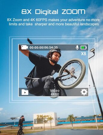 З картою 64G Action Cam 4K60FPS 48MP WLAN Спортивна камера Підводна камера 40 м Водонепроникна 170 Широкий кут 2.4G Пульт дистанційного керування 2x1350mAh Батареї з комплектом для кріплення, 80