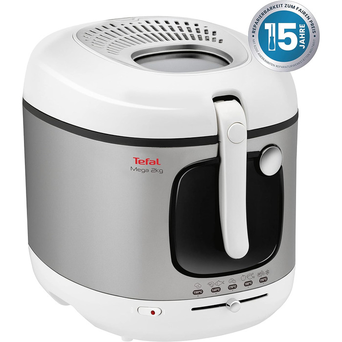 Електрична фритюрниця Tefal FR4800 Mega 2 кг Ємність масла 3,3 л Фільтр проти запаху Запчастини, безпечні для миття в посудомийній машині Оглядове вікно регульований термостат Білий/Нержавіюча сталь