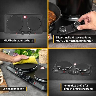 Подвійна конфорка TZS First Austria 2500 Вт Чавунні варильні поверхні 180/150 мм Ручне керування Металевий корпус мобільний для кемпінгу та подорожей Чорний