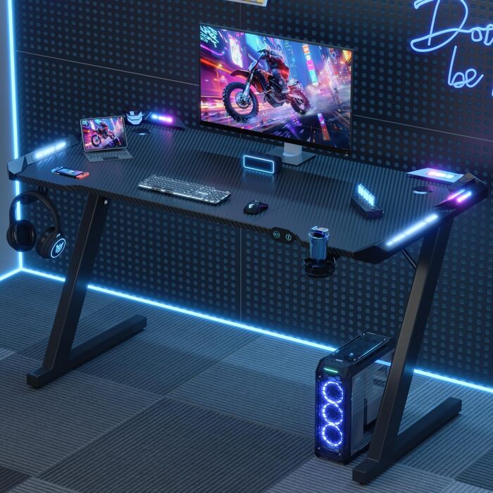 Ігровий стіл Devoko 120 x 60 см, ігровий стіл зі світлодіодним підсвічуванням, поверхня з вуглецевого волокна, ергономічний ігровий стіл з тримачем для напоїв, гачок для навушників, міцний комп&39ютерний стіл