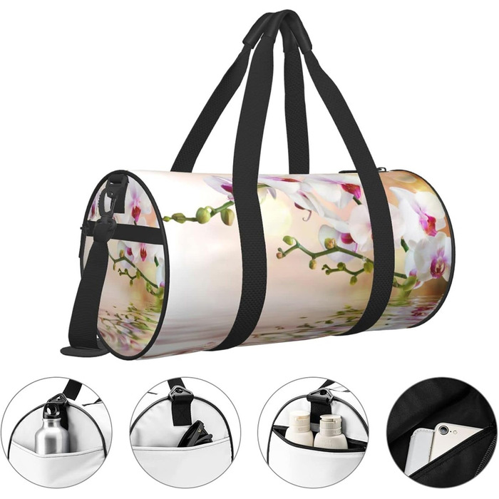 Спортивна сумка для подорожей, дизайн білі орхідеї у ставку, Чорний колір, Універсальний розмір, Дорожня сумка