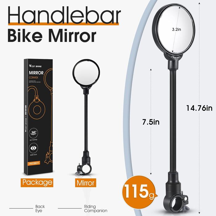 Велосипедне дзеркало WESTGIRL, регульоване та поворотне на 360, опукле HD ширококутне дзеркало заднього виду для керма, ударостійке безпечне велосипедне дзеркало універсальне для гірського велосипеда, шосейного велосипеда, електровелосипеда, A ()