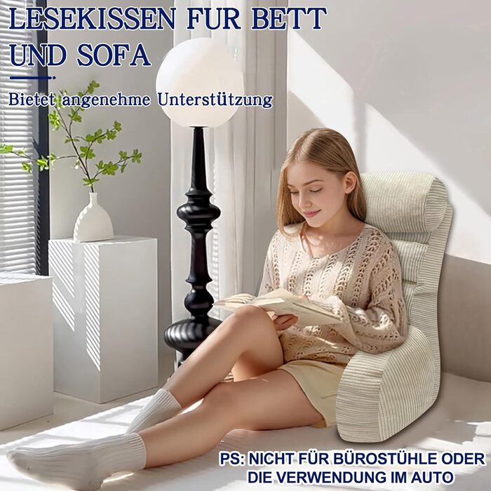 Подушка для читання на ліжку та дивані, подушка для спинки ліжка, подушка для читання зі спинкою для дорослих, зручна для сидіння, читання та перегляду телевізора на підлозі або дивані (кремового кольору, 65 * 30 см) Кремового кольору 65 * 30 см