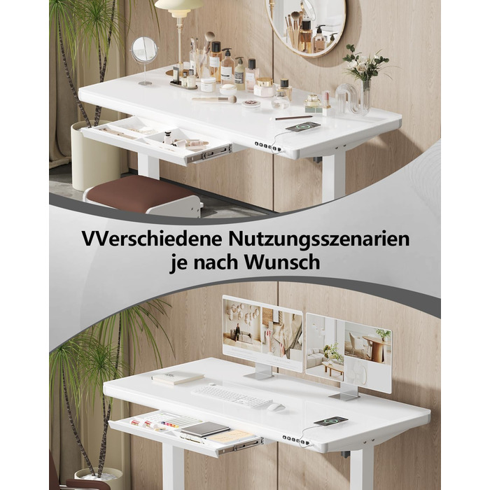 Стіл Homall Glass з регульованою висотою, 120 x 60 см, електричний стіл з регульованою висотою та шухлядою, стіл для домашнього офісу з можливістю сидіти та стояти, білий 120 x 60 см, білий