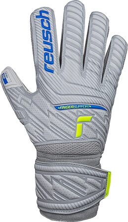 Воротарські рукавиці Reusch чоловічі Attrakt Finger Support унісекс зі зрізом зовнішнього шва та покриттям для зчеплення, підходять для всіх поверхонь поля Футбольні рукавиці із захистом пальців для дорослих світло-сірі - сині - жовті 10