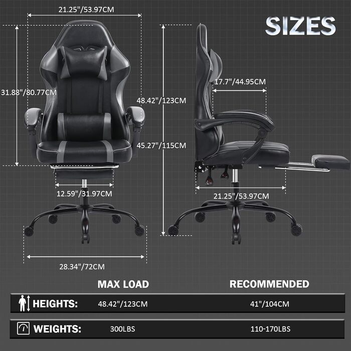 Ігрове крісло вантажопідйомністю 150 кг, офісне крісло з підставкою для ніг, ігрове крісло з регульованою поперековою опорою, ігрове крісло зі штучної шкіри, дитяче ігрове крісло з регульованою висотою, сірий, стандартна модель сірого кольору