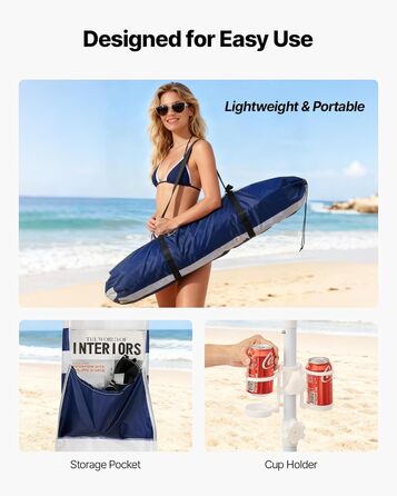 Пляжний навіс VEVOR, 2,4 x 2,4 м з бічною стінкою, сонцезахисний фактор UPF 50, кабіна з мішками з піском, регульований по висоті портативний сонцезахисний навіс для сімей, темно-сині смужки