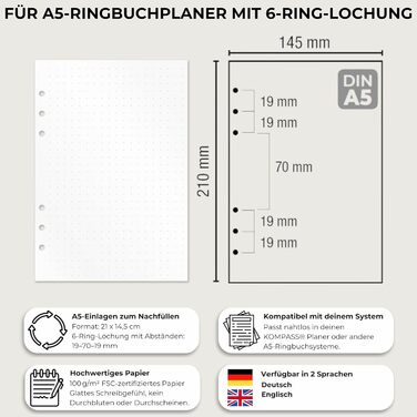 Папка-реєстратор KOMPASS A5 з кільцями, що замінюється, Стартовий набір, включаючи 309 вставок Папка-реєстратор успіху A5 Планувальник справ, щотижневий планувальник, планувальник зустрічей, календар, журнал Bullet, трекер звичок, чорний стартовий набір