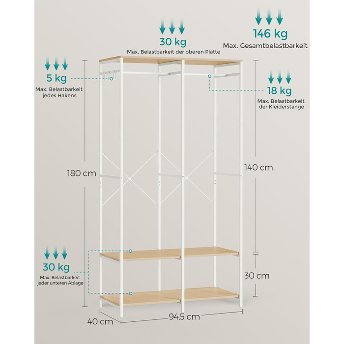Відкрита шафа, вішалка для одягу, вішалка для пальто, шафа з рейкою для одягу, полиці, знімні гачки, 40 x 94,5 x 180 см, натуральний бежевий RGR004W67 Натуральний бежевий 40 x 94,5 x 180 см