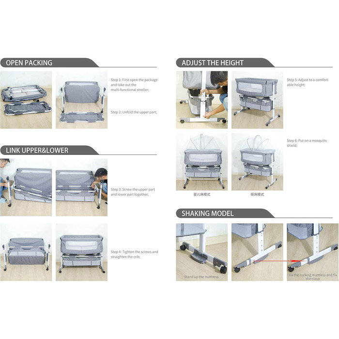 Дитяче ліжечко з м&39яким матрацом та москітною сіткою, регульоване по висоті дитяче ліжко з колесами, дорожнє ліжечко для дітей від 1 до 36 місяців (A-Grey) A--grey
