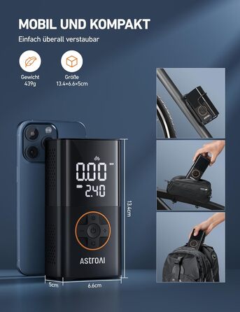 Бездротовий електричний повітряний насос AstroAI, портативний акумуляторний велосипедний насос з усіма клапанами, світлодіодне світло, акумуляторний насос для шин для велосипедів, електровелосипедів, автомобілів, мотоциклів, м&39ячів, чорний