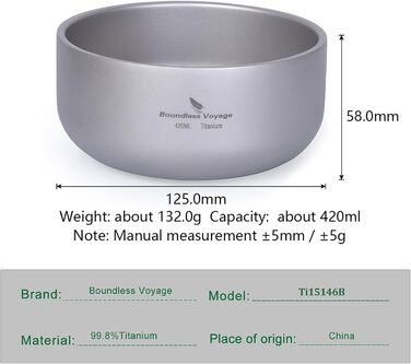 Титанова миска Boundless Voyage з подвійними стінками для дорослих та дітей, посуд для кемпінгу на свіжому повітрі, миска для вулиці, титанова миска для рису Ti15146B