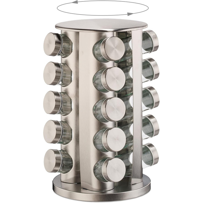 Карусель для спецій Relaxdays з 20 баночками для спецій, 40 етикетками, поворотними на 360, багаторазовими шейкерами для спецій з нержавіючої сталі, сріблястим кольором