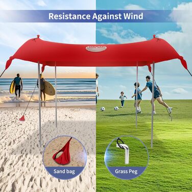 Сімейний пляжний намет UMARDOO з 4 алюмінієвими стійками, висувний пляжний сонцезахисний тент з сумкою для перенесення, червоний/подорожній, суцільний колір (Getaway Solids), 10x10 футів, 4 стійки