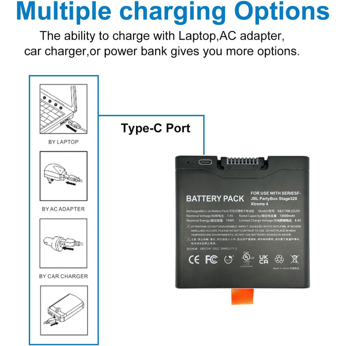 Запасний акумулятор SLODA для портативної колонки JBL PartyBox Stage320 Xtreme 4, акумуляторний (7,4 В 10000 мАг)