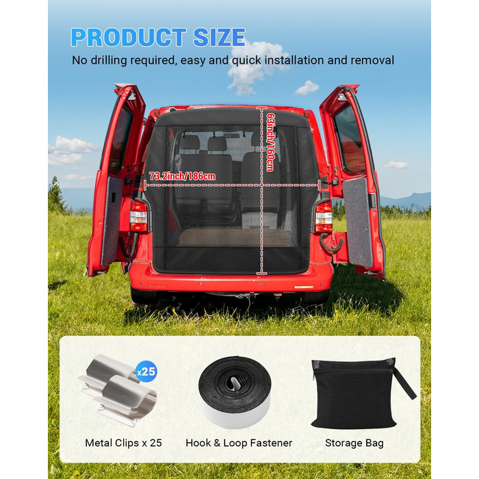 Москітна сітка SUPAREE 6&39x5&39 для багажника VW T5, захист від комах для фургонів та кемперів, із застібками-блискавкою та липучками для будинків на колесах, караванів та кемперів VW T5 та T6, чорна, 185 x 155 см