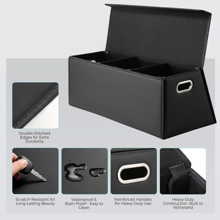 Органайзер для багажника Fyzeoty просторий органайзер для позашляховика, шкіряна коробка для зберігання речей, з магнітною кришкою, складаний та регульований, трапецієподібної форми, чорний