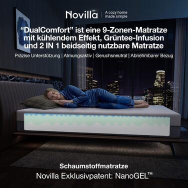 Матрац Novilla DualComfort 90x200 см, 9-зонний матрац з холодної піни з гелем та зеленим чаєм, висота 25 см, двосторонній матрац H3 та H4, сертифікований Oeko-Tex, повітропроникний та пральний чохол, висота 25 см, 90 x 200 см