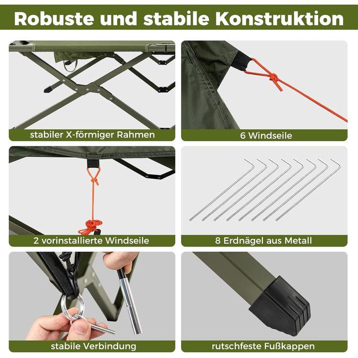 Розкладне ліжко COSTWAY з наметом для 2 осіб, кемпінгове ліжко з дощовиком, 2 сітчасті двері, мансардний вікно та сумка на колесах, кемпінговий шезлонг, вантажопідйомність 300 кг, 194 x 145 x 150 см, зелений