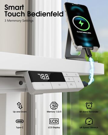 Каркас столу з регулюванням висоти, 2 потужними двигунами, 3 налаштуваннями пам&39яті та нагадуванням про можливе кріплення сидячи/встаючи, функцією захисту від зіткнень, вантажопідйомністю 150 кг, портом USB-C, 2 гачками, білий колір