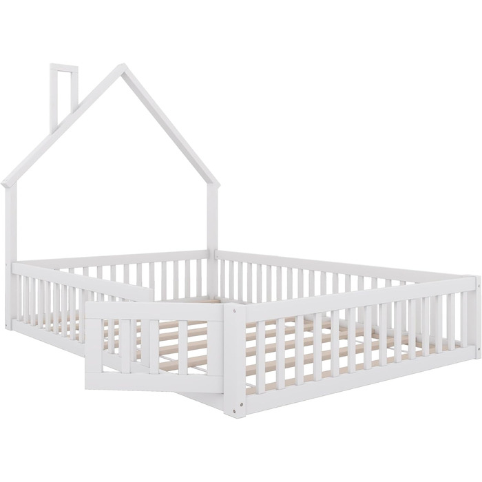 Дитяче підлогове ліжко, двоспальне ліжко 140x200 см з поручнями, рейковою основою та формою димоходу ліжко Монтессорі, ліжечко, домашнє ліжко, дерев&39яне ліжко, каркас ліжка, дитяче ліжко, соснове дерево, без матраца, біле.