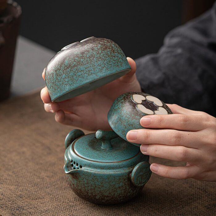 Набір для чаювання Керамічний Шлях з чайником, заварником та чашками портативний та елегантний, в японському стилі з ручкою з екошкіри