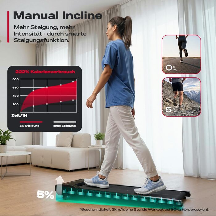 Килимок для ходьби Sportstech - Бігова доріжка для домашнього використання з нахилом до 9 1-6 км/год, включаючи підписку на додаток Домашній офіс, крокомір, легкий та компактний, транспортні колеса WalkMate до 120 кг Walkmate Black