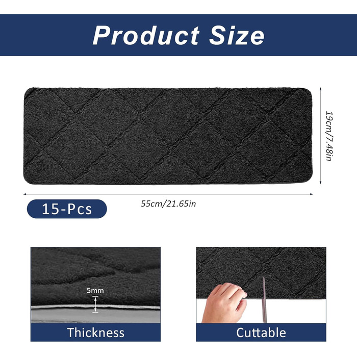Килимки для сходів 55x19 см, самоклеючі протиковзкі килимки для сходів для використання в приміщенні, багаторазові, можна різати для дерев&39яних сходів, ідеально підходять для дітей, людей похилого віку, домашніх тварин (чорні з ромбоподібним візерунком)