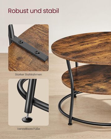 Круглий журнальний столик VASAGLE, столик для вітальні, диван-столик з полицею, легке складання, металевий, промисловий дизайн, вінтажний коричневий-чорний LCT80BX Вінтажний коричневий чорнильний