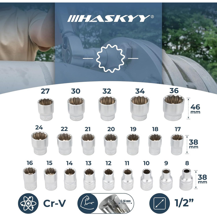 Набір торцевих ключів HASKYY XZN 8-36 мм, 21 предмет 6-гранник, 12-гранник, Torx, зовнішній багатогранник 1/2