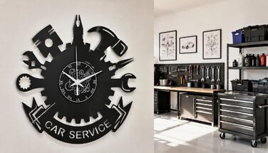Настінний годинник для автомайстерні Car Service з мотивом інструментів Безшумний кварцовий механізм Ідея подарунка для вітальні, спальні або гаража, чорний