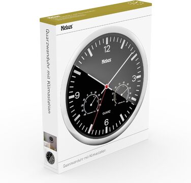 Кварцовий настінний годинник Mebus з термометром і гігрометром / срібна рамка / чорний циферблат / діаметр 25 см / круглий / модел