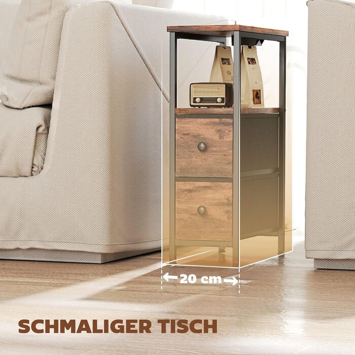 Журнальний столик HOMCOM, приставний столик із зарядною станцією, сталевий каркас, вузький столик для вітальні з 2 тканинними шухлядами, відкритим відділенням, розеткою, портами USB та USB-C, журнальний столик для вітальні, рустикальний коричневий