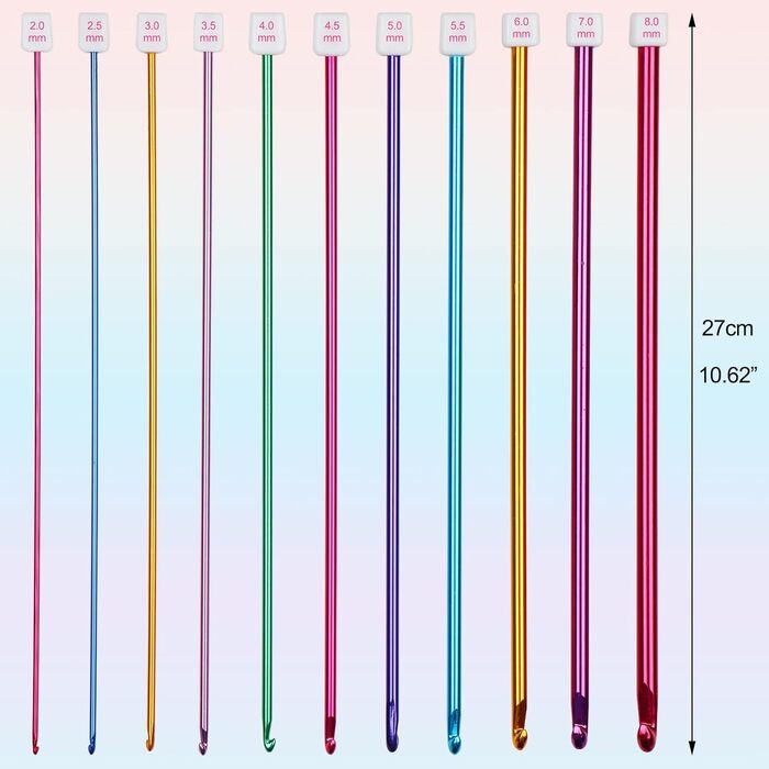 Туніські вязальні гачки, виготовлені з алюмінію, 27 см, набір легких туніських вязальних гачків з гладкою головкою для вязання та довгою ручкою, афганські гачки 2,08,0 мм для початківців, дорослих і професіоналів, 1