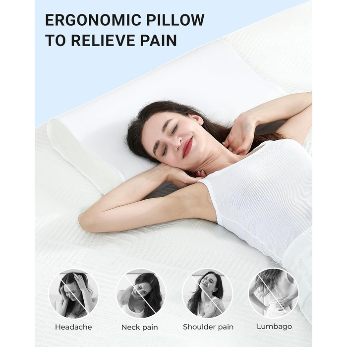 Подушка Elviros з піни з ефектом пам&39яті, регульована ергономічна подушка для полегшення болю в шиї, ортопедична подушка для підтримки шиї для сну на боці та на спині, знімний дихаючий чохол, білий