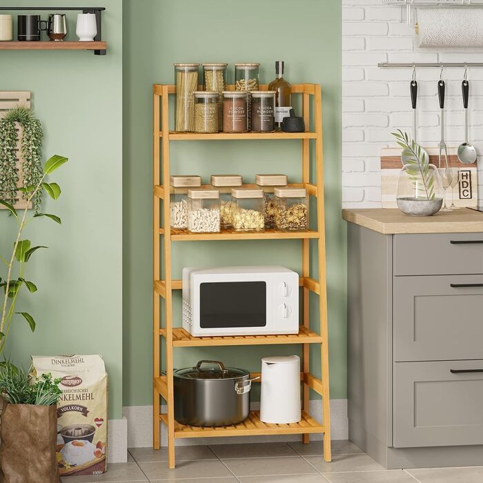 Полиця для ванної кімнати VIAGDO, полиця-драбина з 4 ярусами, книжкова полиця, полиця для взуття, полиця для рослин, полиця для балкону, полиця для квітів, багатофункціональна бамбукова полиця для невеликих приміщень, натуральний бамбук