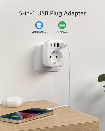 Розетка з декількома вилками EU адаптер 5-в-1 розетка розетка адаптер з 3 портами USB зарядного пристрою 2.4А, 1 портом Type-C 3А,