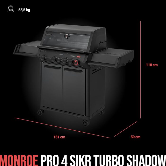 Газовий гриль Enders MONROE PRO 4 SIKR TURBO SHADOW 4 сталеві пальники, бічний пальник, інфрачервоний задній пальник, оглядове вікно, HEAT RANGE, SWITCH GRID, TURBO ZONE 800 C, SIMPLE CLEAN, включаючи SEARGRATE, 8366 PRO 4 SIKR SHADOW