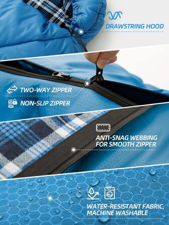 Спальний мішок Bessport 3-4 сезони - Фланелевий спальний мішок Зима, Тепла ковдра для активного відпочинку на свіжому повітрі, Невеликий розмір упаковки, Надлегкий, Водонепроникний для кемпінгу, подорожей, походів, для дорослих, Синій