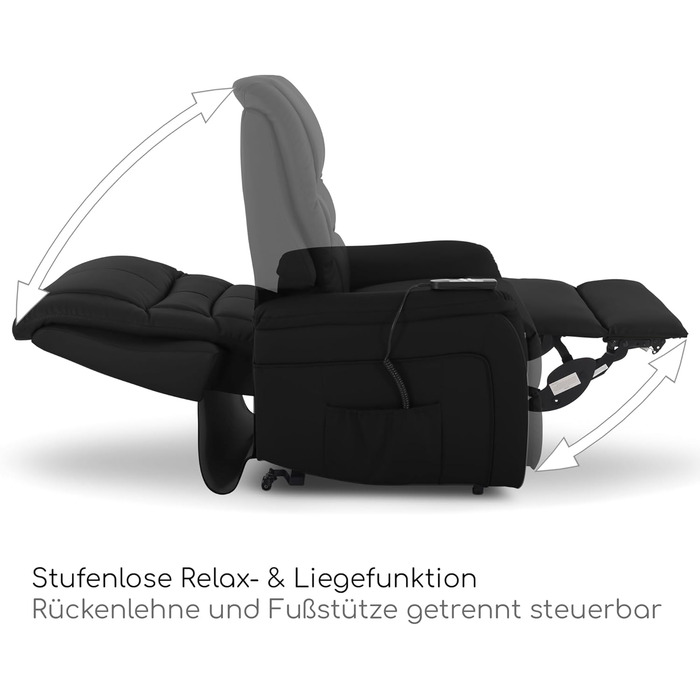 Крісло під телевізор MACOShopde від MACO Mbel Raburg з функцією підйому та відкидання, електрично регульоване з 2 двигунами та дистанційним керуванням, пружинна основа з кишеньковим механізмом, елегантна штучна шкіра Jan Black Чорна штучна шкіра