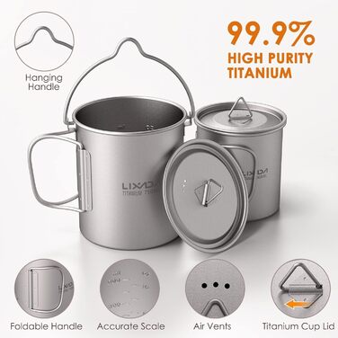Горщик Lixada Titanium Cup Potty, надлегкий, портативний, підвісний, з кришкою та ручкою, складний, для кемпінгу, активного відпочинку, походів, 900 мл (горщик 750 мл чашка 420 мл та лоток)