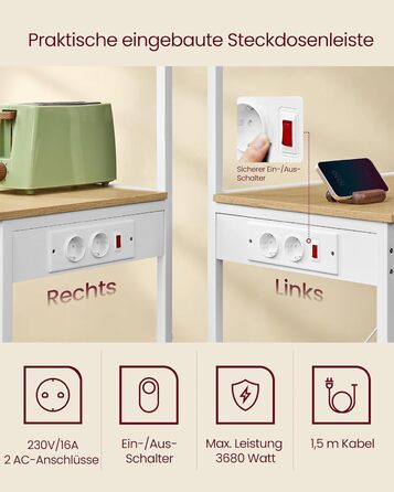 Кухонна полиця VASAGLE з розетками, окремостояча полиця, полиця для мікрохвильової печі, 4 рівні та 8 S-подібних гачків, регульована полиця, тримач для кухонних пакувальних машин, 40 x 60 x 140 см, Золотий дуб-хмарно білий KKS014Y02 60B см Золотий дуб мат