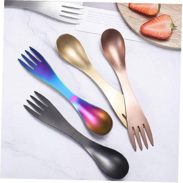 Набір із 5 виделок та ложок 2-в-1, портативний кухонний посуд із нержавіючої сталі для кемпінгу, подорожей, пікніків, офісу та використання на свіжому повітрі