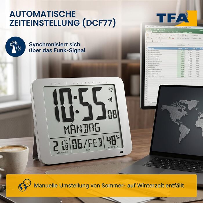 Цифровий радіокерований годинник TFA Dostmann 60.4516.54 з термогігрометром, відображенням дня тижня (10 мов), 2 функціями будильника, настільний/настінний, сріблястий, 248 x 25 (73) x 206 мм