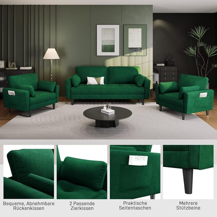 Одномісний диван Yaheetech, двомісний диван, невеликий диван з 2 подушками та підлокітниками, сучасний лляний диван-кутник, комплект диванів для вітальні, зелена оксамитова тканина