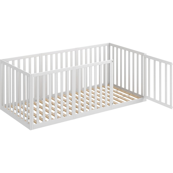 Дитяче ліжко CADANI Teso 90x200 см Ліжко-ліжко Монтессорі з дверцятами та захистом від падіння, 6 варіантів складання, масив сосни білого кольору, можна використовувати як манеж, вкл. рейкову основу 90 x 200 см білого кольору з дверцятами
